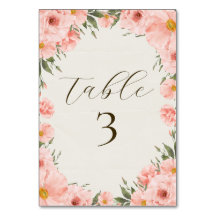Pink Watercolor Flowers Wedding Table Number