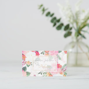 Pink Watercolor Flowers White Design Business Card
