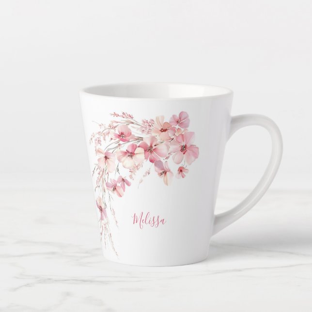 Pink Watercolor Flowers White Monogram Latte Mug (Right)