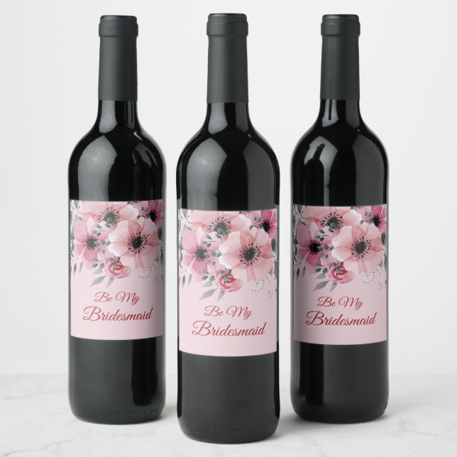 Pink Watercolor Flowers Wine Label (Bottles)