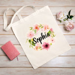 Pink Watercolor Flowers Wreath Bridesmaid Name Tote Bag<br><div class="desc">Personalized tote bag design features a monogram of a name in black modern script writing framed by a beautiful watercolor painted floral design with pastel pink,  blush,  and peach spring dahlia and rose flowers paired with vibrant green foliage. Makes a great gift for your wedding party / bridesmaids!</div>