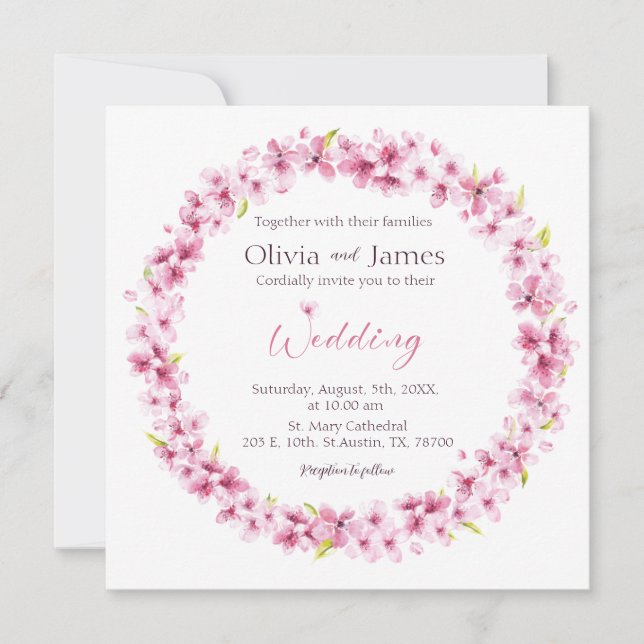 Pink Watercolor Flowers Wreath Wedding Invitation (Front)