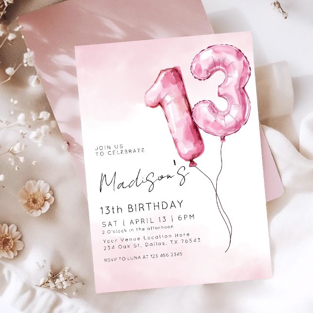Pink Watercolor Foil Balloon 13th Birthday Invitation (Creator Uploaded)