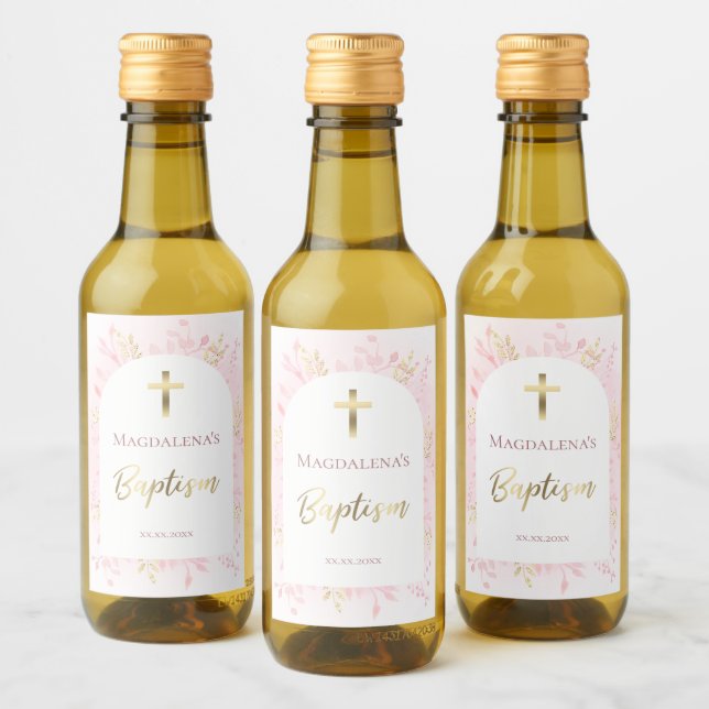 pink watercolor foliage Baptism Wine Label (Bottles)