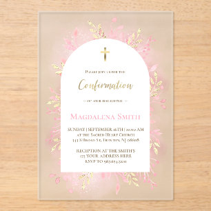 pink watercolor foliage Confirmation frosted Acrylic Invitations