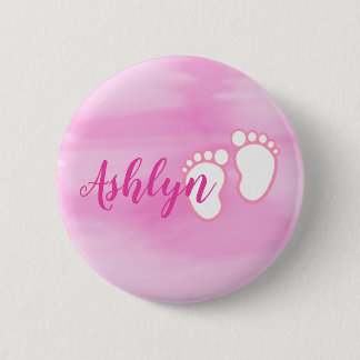 Pink Watercolor Footprint Little Baby Feet Name 2 Inch Round Button