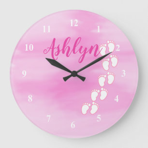 Pink Watercolor Footprint Little Baby Feet Name Large Clock