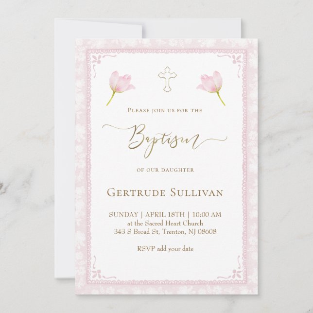 pink watercolor frame Baptism Invitation (Front)