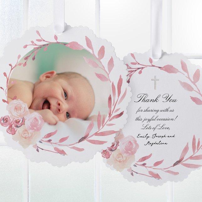 pink watercolor frame Baptism thank you  Ornament Card (Creator Uploaded)