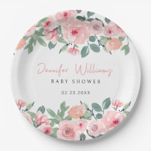 Pink watercolor garden baby shower paper plates