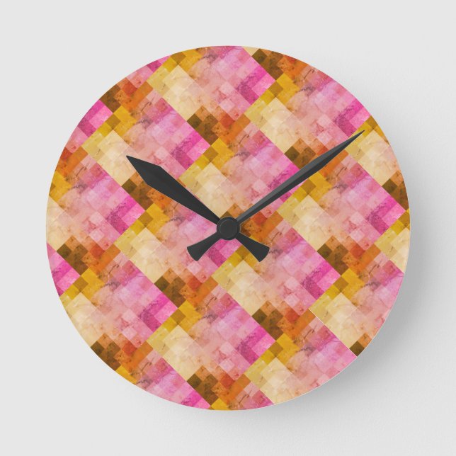 Pink Watercolor Geometric Pattern Round Clock (Front)