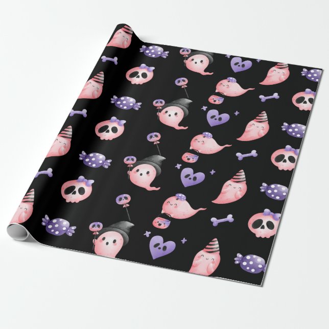Pink Watercolor Ghost & Purple Candy Kid Halloween Wrapping Paper (Unrolled)