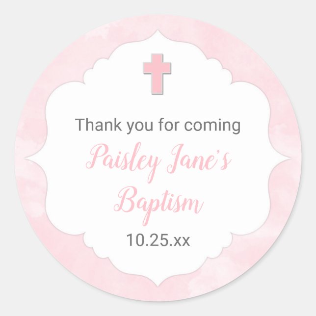 Pink watercolor girl baptism christening favour classic round sticker (Front)