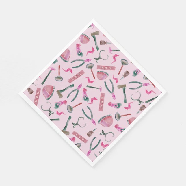 Pink Watercolor Girls Construction Tools Napkin (Corner)