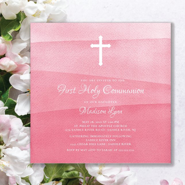 Pink Watercolor Girls First Holy Communion Invitation (Creator Uploaded)