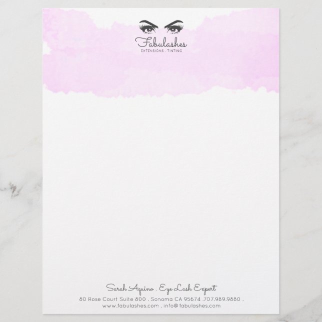 Pink Watercolor Glam Eyes And Lashes Makeup Artist Letterhead (Front)