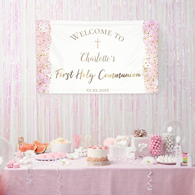 pink watercolor glitter | First Communion  Banner (Party)