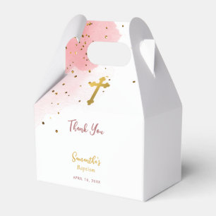 Pink Watercolor Glitter Gold Cross Baptism Girl Favor Box