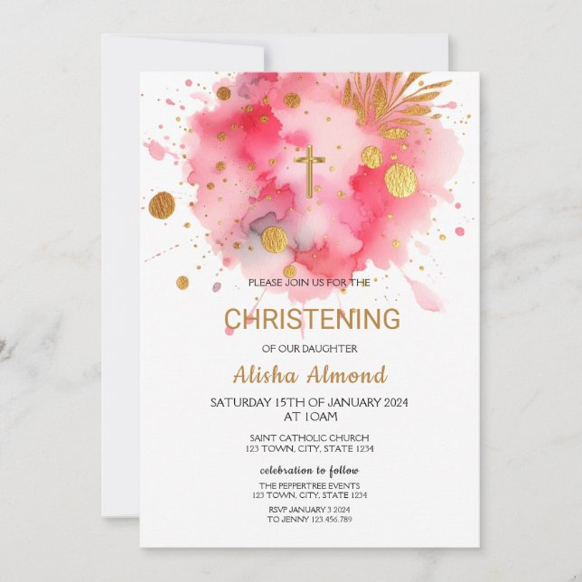 Pink Watercolor Gold CHRISTENING Invitation (Front)