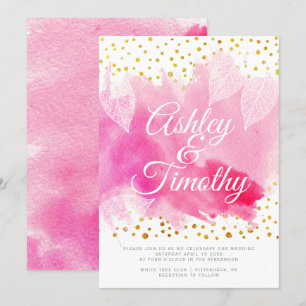 Pink watercolor, gold confetti calligraphy wedding invitation