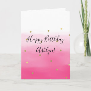 Pink Watercolor Gold Confetti Ombre Birthday Card