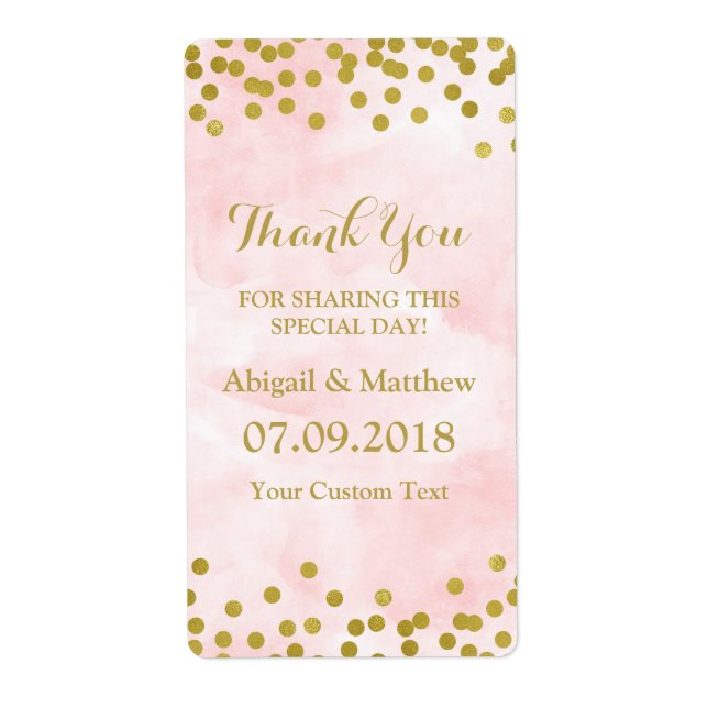 Pink Watercolor Gold Confetti Wedding Labels (Front)