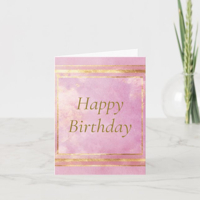 Pink Watercolor & Gold Foil Happy Birthday Card (Front)