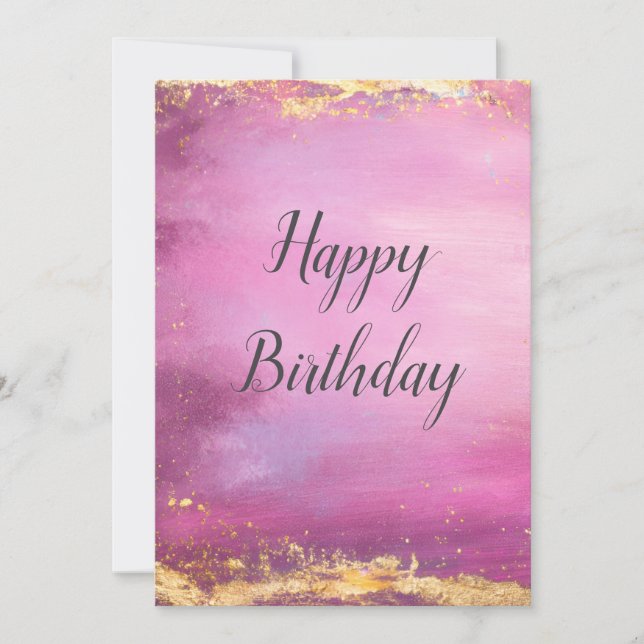 Pink Watercolor & Gold Foil Trim Birthday Card (Front)