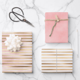 Pink Watercolor Gold Glam Stripes Wrapping Paper Sheet