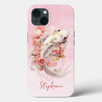 Pink Watercolor Gold Koi Fish Floral