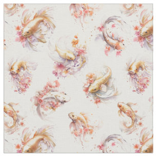 Pink Watercolor Gold Koi Fish Floral Fabric