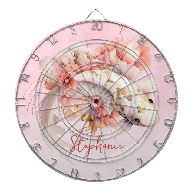 Pink Watercolor Gold Koi Fish Floral Personalized Dartboard (Front)