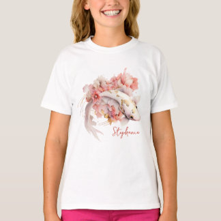Pink Watercolor Gold Koi Fish Floral Personalized T-Shirt