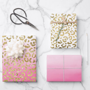 Pink Watercolor Gold Leopard  Wrapping Paper Sheet