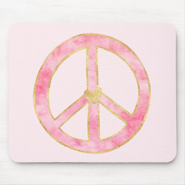 Pink Watercolor Gold Peace Sign Heart Mouse Pad (Front)