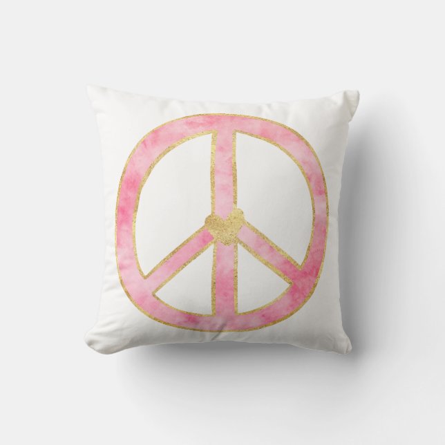 Pink Watercolor Gold Peace Sign Heart Throw Pillow (Front)