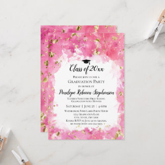 Pink Watercolor Gold Splatter Graduation Party Invitation