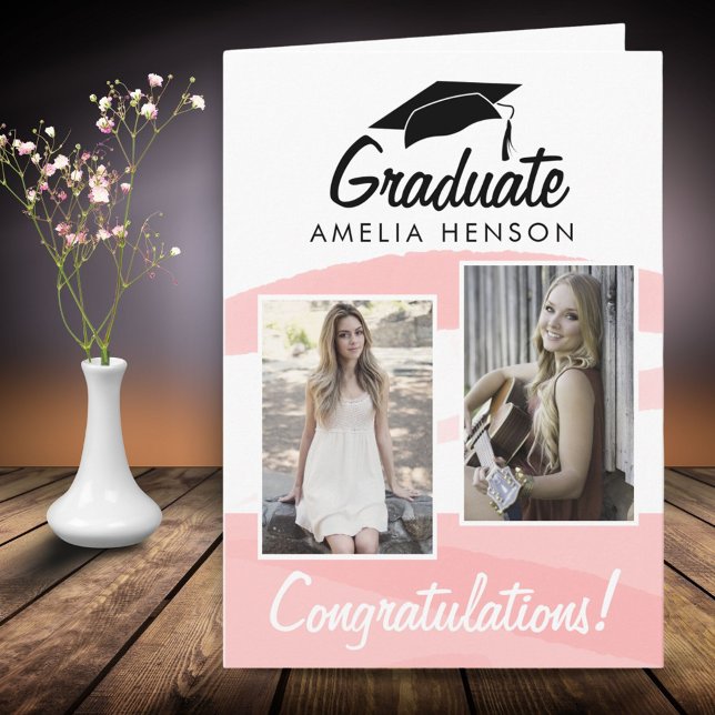 Pink Watercolor Graduate Congratulations 2 Photo C Card (Creator Uploaded)