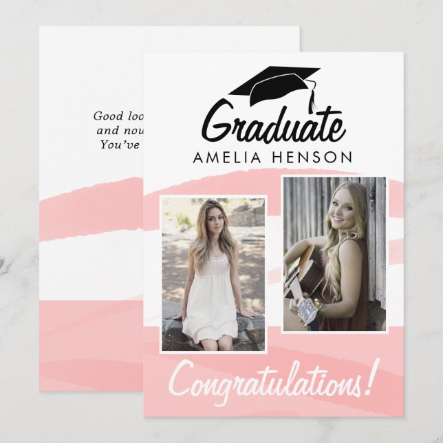 Pink Watercolor Graduate Congratulations 2 Photo  Card (Front/Back)