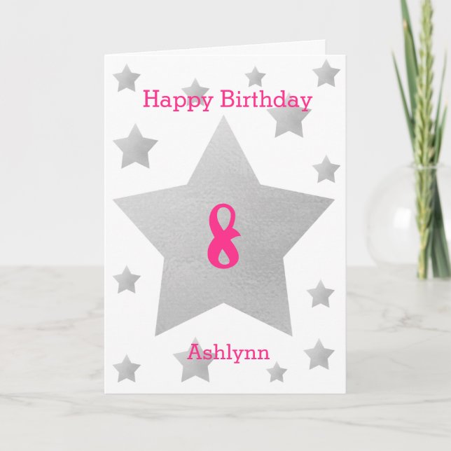 Pink Watercolor Grey Stars 8th Birthday Card (Front)