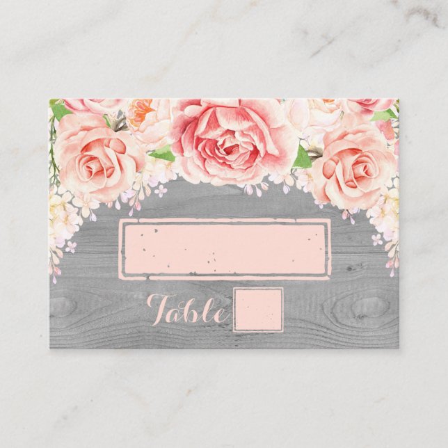 Pink Watercolor Grey Wood Place Setting Cards (Front)