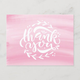 Pink Watercolor Hand Lettering Wreath Thank You Holiday Postcard