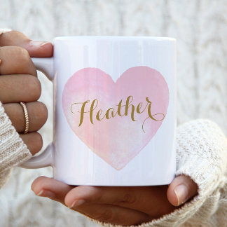 Pink Watercolor Heart Girly Script Font Gold Name Two-Tone Coffee Mug
