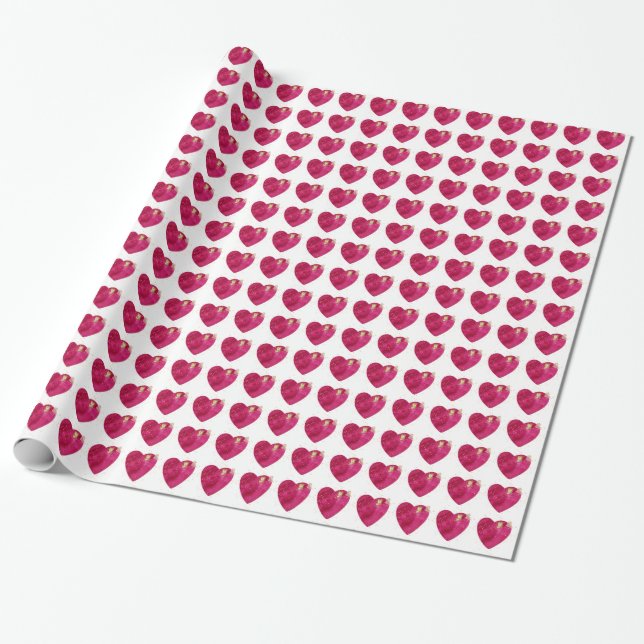 Pink Watercolor Heart & Gold Butterfly Valentine  Wrapping Paper (Unrolled)