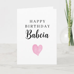 Pink Watercolor Heart Happy Birthday Babcia Card