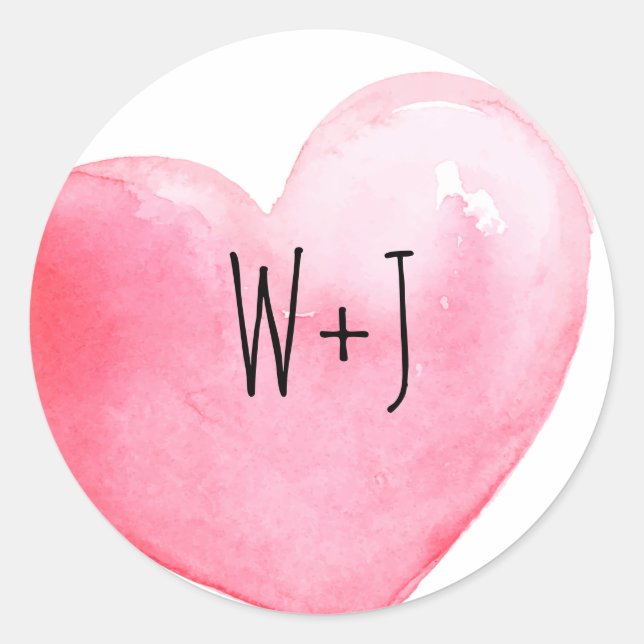 Pink Watercolor Heart Monogram Wedding Classic Round Sticker (Front)
