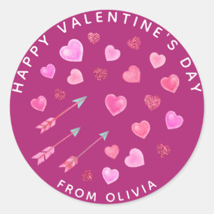 Pink Watercolor Hearts and Arrows Valentine's Day Classic Round Sticker