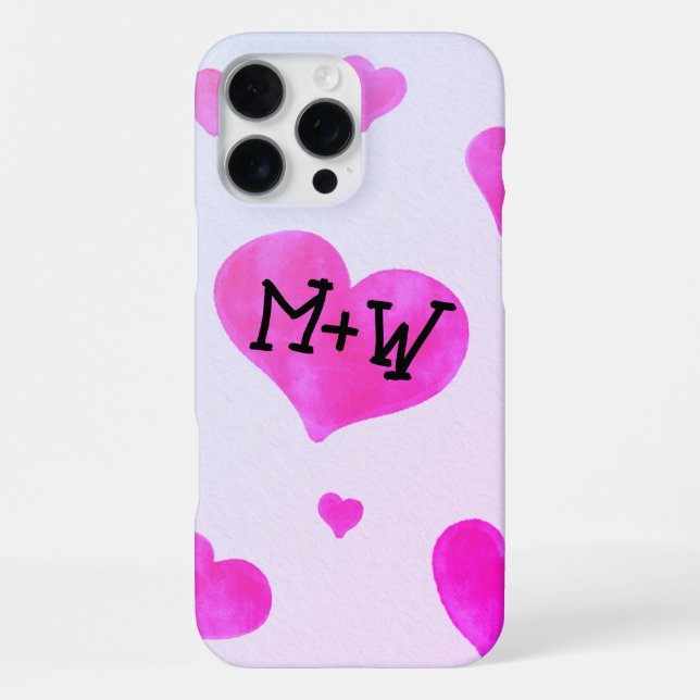 Pink watercolor hearts Custom Couple name initials iPhone Case (Back)