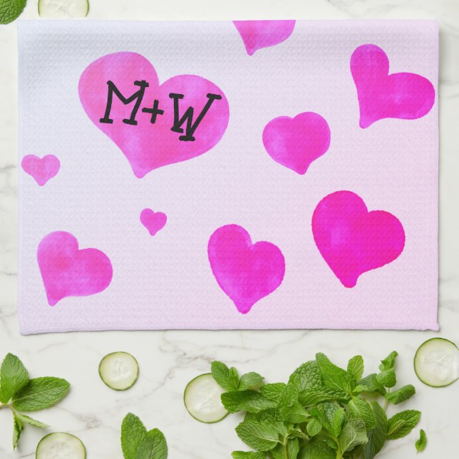 Pink watercolor hearts Custom Couple name initials Kitchen Towel (Folded)
