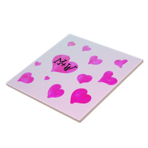 Pink watercolor hearts Custom Couple name initials Tile